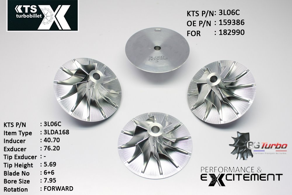 Turbo ROUE FORGÉE MFS PERFORMANCE - 6+6 PALES - INDUCER : 40,7 - EXDUCER : 76,2 - TYPE : 3LDA168ANGLE : 90° - ROTATION : Forward - SUPER BACK : 0 - BORE SIZE : 7,95
